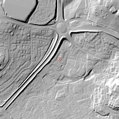 Shaded relief map of the ground around B602RG, computed from Environment Agency LiDAR. The ground here sits at about 86 m above sea level and falls 30 m across the surrounding 800 m. Surface water reaching this point runs off ground lying to the north-north-west, 6.2 m higher.