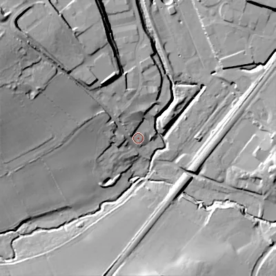 Shaded relief map of the ground around B603AR, computed from Environment Agency LiDAR. The ground here sits at about 68 m above sea level and falls 33 m across the surrounding 800 m. Surface water reaching this point runs off ground lying to the north-west, 24.9 m higher.