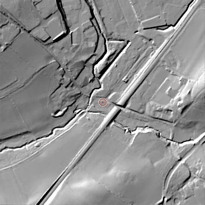 Shaded relief map of the ground around B603AT, computed from Environment Agency LiDAR. The ground here sits at about 64 m above sea level and falls 29 m across the surrounding 800 m. Surface water reaching this point runs off ground lying to the east, 19.9 m higher.