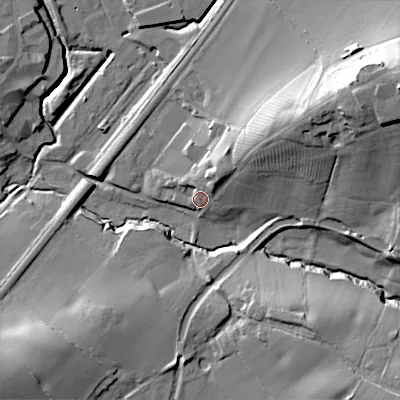Shaded relief map of the ground around B603AU, computed from Environment Agency LiDAR. The ground here sits at about 72 m above sea level and falls 36 m across the surrounding 800 m. Surface water reaching this point runs off ground lying to the north-east, 14.8 m higher.