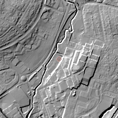 Shaded relief map of the ground around B603DN, computed from Environment Agency LiDAR. The ground here sits at about 70 m above sea level and falls 20 m across the surrounding 800 m. Surface water reaching this point runs off ground lying to the east-south-east, 15.1 m higher.