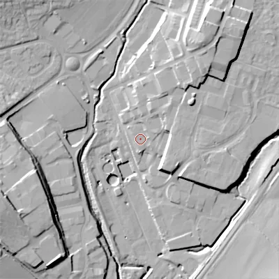 Shaded relief map of the ground around B603EX, computed from Environment Agency LiDAR. The ground here sits at about 71 m above sea level and falls 23 m across the surrounding 800 m. Surface water reaching this point runs off ground lying to the north-east, 11.9 m higher.