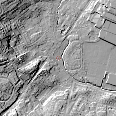 Shaded relief map of the ground around B603LU, computed from Environment Agency LiDAR. The ground here sits at about 79 m above sea level and falls 32 m across the surrounding 800 m. Surface water reaching this point runs off ground lying to the west-north-west, 29.0 m higher.