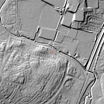 Shaded relief map of the ground around B603NQ, computed from Environment Agency LiDAR. The ground here sits at about 76 m above sea level and falls 23 m across the surrounding 800 m. Surface water reaching this point runs off ground lying to the south-west, 8.4 m higher.