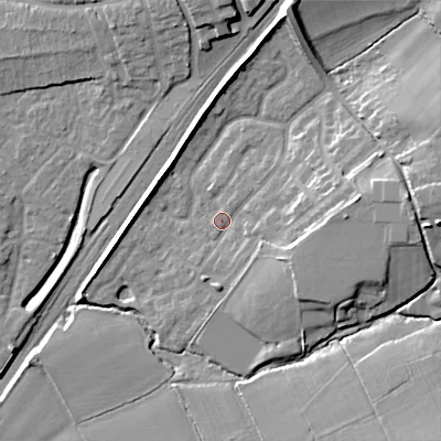 Shaded relief map of the ground around B603SA, computed from Environment Agency LiDAR. The ground here sits at about 77 m above sea level and falls 18 m across the surrounding 800 m. Surface water reaching this point runs off ground lying to the east, 9.6 m higher.