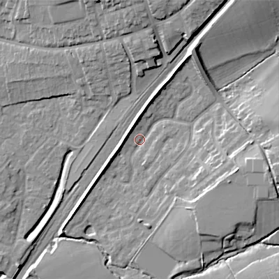 Shaded relief map of the ground around B603SB, computed from Environment Agency LiDAR. The ground here sits at about 77 m above sea level and falls 19 m across the surrounding 800 m. Surface water reaching this point runs off ground lying to the east-south-east, 12.1 m higher.