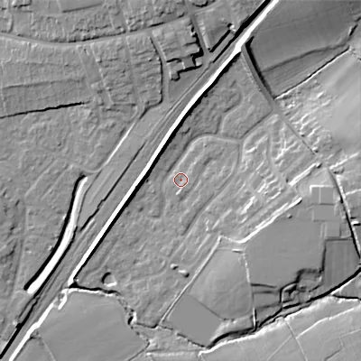Shaded relief map of the ground around B603SE, computed from Environment Agency LiDAR. The ground here sits at about 77 m above sea level and falls 17 m across the surrounding 800 m. Surface water reaching this point runs off ground lying to the east, 12.1 m higher.
