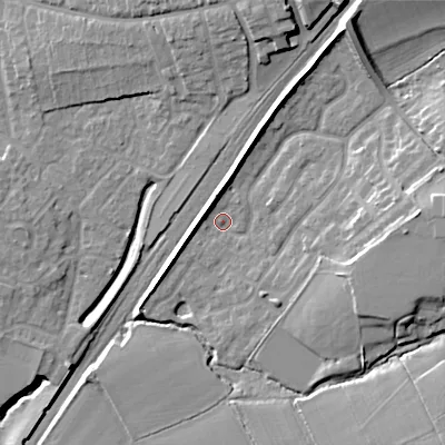 Shaded relief map of the ground around B603SF, computed from Environment Agency LiDAR. The ground here sits at about 76 m above sea level and falls 18 m across the surrounding 800 m. Surface water reaching this point runs off ground lying to the east, 11.8 m higher.
