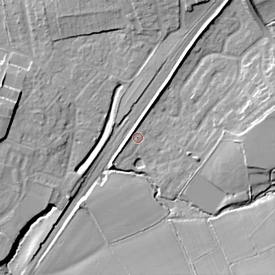 Shaded relief map of the ground around B603SP, computed from Environment Agency LiDAR. The ground here sits at about 76 m above sea level and falls 18 m across the surrounding 800 m. Surface water reaching this point runs off ground lying to the east, 10.8 m higher.