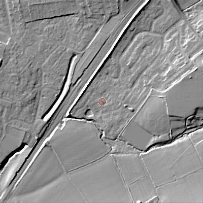 Shaded relief map of the ground around B603SQ, computed from Environment Agency LiDAR. The ground here sits at about 76 m above sea level and falls 18 m across the surrounding 800 m. Surface water reaching this point runs off ground lying to the east-north-east, 11.8 m higher.