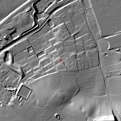 Shaded relief map of the ground around B604AD, computed from Environment Agency LiDAR. The ground here sits at about 67 m above sea level and falls 33 m across the surrounding 800 m. Surface water reaching this point runs off ground lying to the south-south-east, 3.9 m higher.