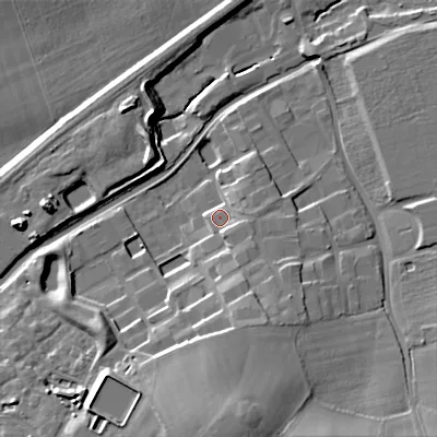 Shaded relief map of the ground around B604BD, computed from Environment Agency LiDAR. The ground here sits at about 63 m above sea level and falls 20 m across the surrounding 800 m. Surface water reaching this point runs off ground lying to the south-east, 5.5 m higher.