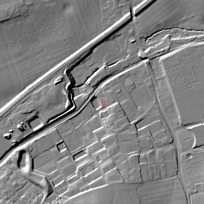 Shaded relief map of the ground around B604DJ, computed from Environment Agency LiDAR. The ground here sits at about 61 m above sea level and falls 15 m across the surrounding 800 m. Surface water reaching this point runs off ground lying to the south, 14.2 m higher.