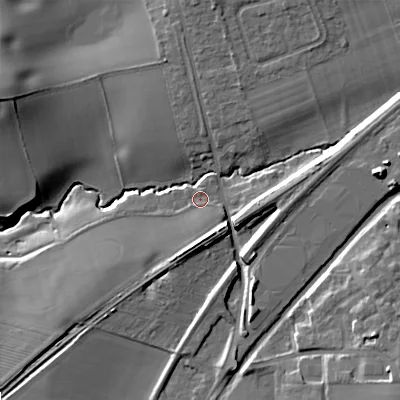 Shaded relief map of the ground around B604ED, computed from Environment Agency LiDAR. The ground here sits at about 56 m above sea level and falls 21 m across the surrounding 800 m. Surface water reaching this point runs off ground lying to the south, 5.8 m higher.