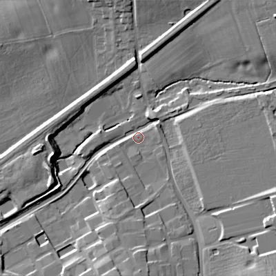 Shaded relief map of the ground around B604FD, computed from Environment Agency LiDAR. The ground here sits at about 61 m above sea level and falls 13 m across the surrounding 800 m. Surface water reaching this point runs off ground lying to the south-east, 12.0 m higher.