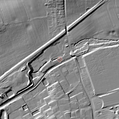 Shaded relief map of the ground around B604JZ, computed from Environment Agency LiDAR. The ground here sits at about 60 m above sea level and falls 11 m across the surrounding 800 m. Surface water reaching this point runs off ground lying to the west-south-west, 2.6 m higher.