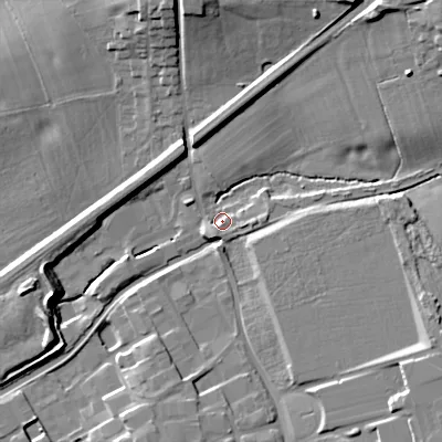 Shaded relief map of the ground around B604LA, computed from Environment Agency LiDAR. The ground here sits at about 61 m above sea level and falls 15 m across the surrounding 800 m. Surface water reaching this point runs off ground lying to the north-east, 12.3 m higher.
