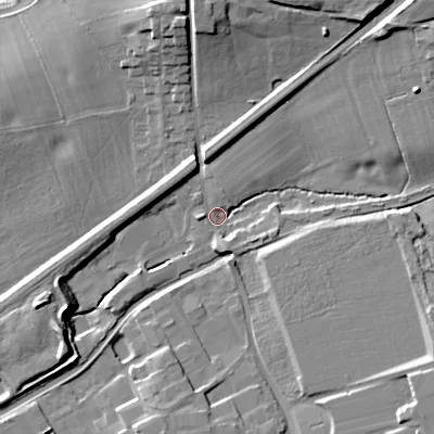 Shaded relief map of the ground around B604LB, computed from Environment Agency LiDAR. The ground here sits at about 60 m above sea level and falls 16 m across the surrounding 800 m. Surface water reaching this point runs off ground lying to the north, 13.9 m higher.
