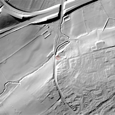 Shaded relief map of the ground around B610BJ, computed from Environment Agency LiDAR. The ground here sits at about 111 m above sea level and falls 29 m across the surrounding 800 m. Surface water reaching this point runs off ground lying to the east, 14.1 m higher.