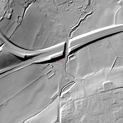 Shaded relief map of the ground around B610BL, computed from Environment Agency LiDAR. The ground here sits at about 111 m above sea level and falls 35 m across the surrounding 800 m. Surface water reaching this point runs off ground lying to the north-west, 30.7 m higher.