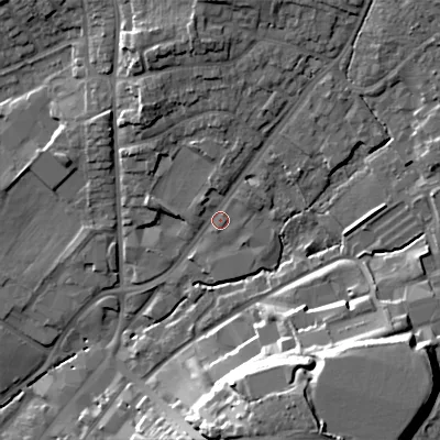 Shaded relief map of the ground around B610DD, computed from Environment Agency LiDAR. The ground here sits at about 94 m above sea level and falls 23 m across the surrounding 800 m. Surface water reaching this point runs off ground lying to the north, 9.7 m higher.