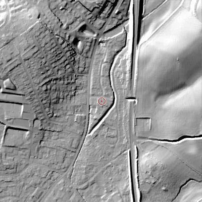 Shaded relief map of the ground around B610DP, computed from Environment Agency LiDAR. The ground here sits at about 104 m above sea level and falls 33 m across the surrounding 800 m. Surface water reaching this point runs off ground lying to the north, 3.9 m higher.