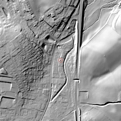 Shaded relief map of the ground around B610DS, computed from Environment Agency LiDAR. The ground here sits at about 106 m above sea level and falls 32 m across the surrounding 800 m. Surface water reaching this point runs off ground lying to the north-north-east, 12.0 m higher.