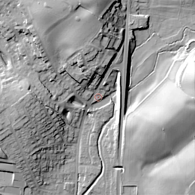 Shaded relief map of the ground around B610HB, computed from Environment Agency LiDAR. The ground here sits at about 110 m above sea level and falls 33 m across the surrounding 800 m. Surface water reaching this point runs off ground lying to the north-north-west, 19.7 m higher.