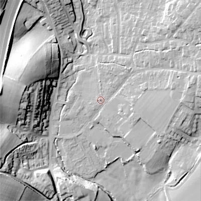 Shaded relief map of the ground around B610JJ, computed from Environment Agency LiDAR. The ground here sits at about 123 m above sea level and falls 31 m across the surrounding 800 m. Surface water reaching this point runs off ground lying to the east-north-east, 12.1 m higher.