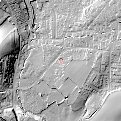 Shaded relief map of the ground around B610JL, computed from Environment Agency LiDAR. The ground here sits at about 126 m above sea level and falls 27 m across the surrounding 800 m. Surface water reaching this point runs off ground lying to the east, 6.7 m higher.