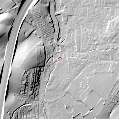 Shaded relief map of the ground around B610JX, computed from Environment Agency LiDAR. The ground here sits at about 122 m above sea level and falls 35 m across the surrounding 800 m. Surface water reaching this point runs off ground lying to the east, 3.4 m higher.