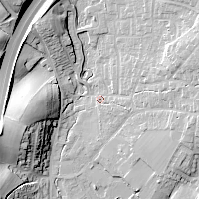 Shaded relief map of the ground around B610JY, computed from Environment Agency LiDAR. The ground here sits at about 124 m above sea level and falls 32 m across the surrounding 800 m. Surface water reaching this point runs off ground lying to the east-north-east, 14.4 m higher.