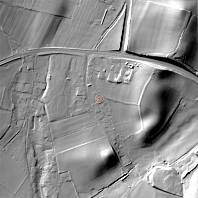 Shaded relief map of the ground around B610RB, computed from Environment Agency LiDAR. The ground here sits at about 153 m above sea level and falls 47 m across the surrounding 800 m. Surface water reaching this point runs off ground lying to the east-north-east, 16.9 m higher.