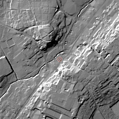 Shaded relief map of the ground around B617AE, computed from Environment Agency LiDAR. The ground here sits at about 85 m above sea level and falls 24 m across the surrounding 800 m. Surface water reaching this point runs off ground lying to the east, 14.3 m higher.