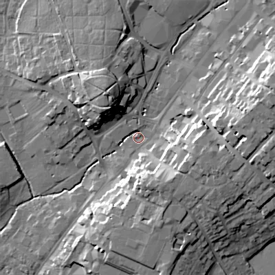 Shaded relief map of the ground around B617AF, computed from Environment Agency LiDAR. The ground here sits at about 85 m above sea level and falls 24 m across the surrounding 800 m. Surface water reaching this point runs off ground lying to the east-north-east, 19.8 m higher.