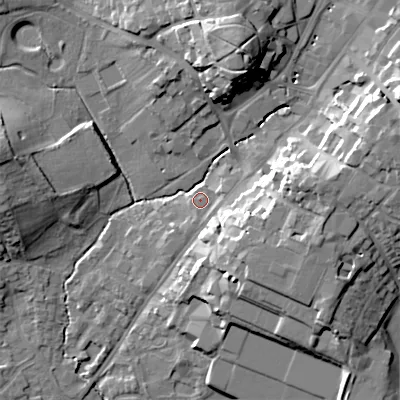 Shaded relief map of the ground around B617AG, computed from Environment Agency LiDAR. The ground here sits at about 84 m above sea level and falls 22 m across the surrounding 800 m. Surface water reaching this point runs off ground lying to the east-south-east, 6.1 m higher.