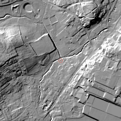 Shaded relief map of the ground around B617AN, computed from Environment Agency LiDAR. The ground here sits at about 81 m above sea level and falls 22 m across the surrounding 800 m. Surface water reaching this point runs off ground lying to the north-north-east, 19.4 m higher.