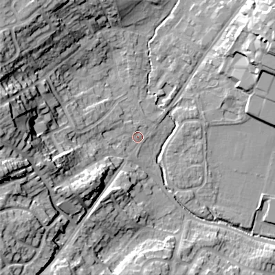 Shaded relief map of the ground around B617AZ, computed from Environment Agency LiDAR. The ground here sits at about 80 m above sea level and falls 34 m across the surrounding 800 m. Surface water reaching this point runs off ground lying to the west-south-west, 28.6 m higher.