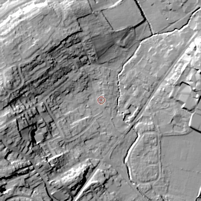 Shaded relief map of the ground around B617BQ, computed from Environment Agency LiDAR. The ground here sits at about 80 m above sea level and falls 34 m across the surrounding 800 m. Surface water reaching this point runs off ground lying to the north-west, 17.3 m higher.