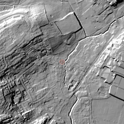 Shaded relief map of the ground around B617DD, computed from Environment Agency LiDAR. The ground here sits at about 80 m above sea level and falls 31 m across the surrounding 800 m. Surface water reaching this point runs off ground lying to the west-north-west, 20.0 m higher.