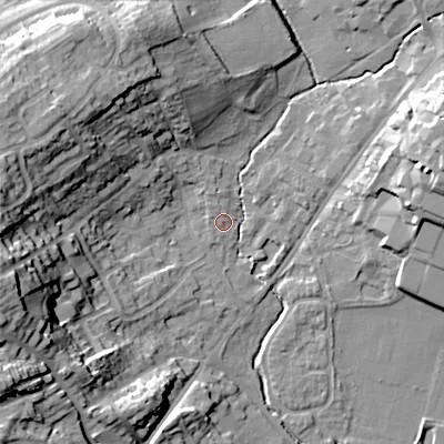 Shaded relief map of the ground around B617DE, computed from Environment Agency LiDAR. The ground here sits at about 80 m above sea level and falls 32 m across the surrounding 800 m. Surface water reaching this point runs off ground lying to the north-north-west, 1.4 m higher.