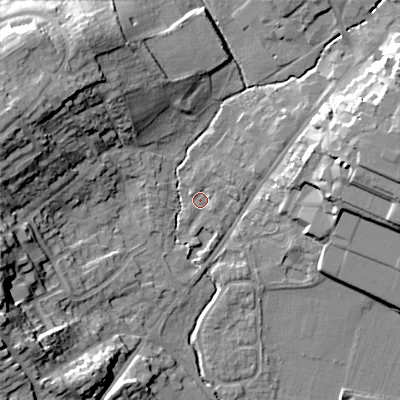 Shaded relief map of the ground around B617DF, computed from Environment Agency LiDAR. The ground here sits at about 80 m above sea level and falls 25 m across the surrounding 800 m. Surface water reaching this point runs off ground lying to the west-north-west, 19.2 m higher.