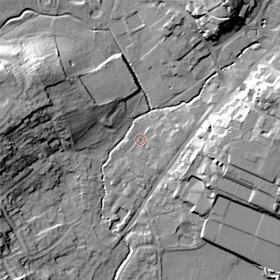Shaded relief map of the ground around B617DG, computed from Environment Agency LiDAR. The ground here sits at about 81 m above sea level and falls 22 m across the surrounding 800 m. Surface water reaching this point runs off ground lying to the east, 3.5 m higher.