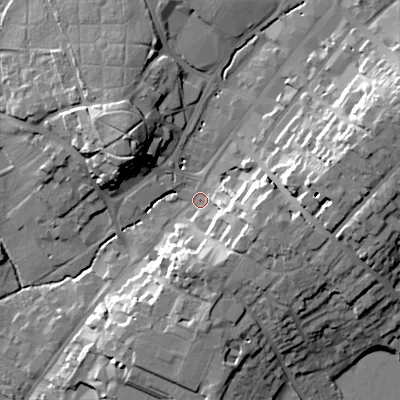 Shaded relief map of the ground around B617DL, computed from Environment Agency LiDAR. The ground here sits at about 85 m above sea level and falls 25 m across the surrounding 800 m. Surface water reaching this point runs off ground lying to the east-south-east, 13.8 m higher.