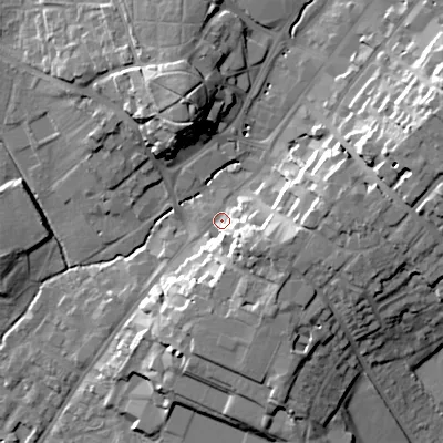 Shaded relief map of the ground around B617DN, computed from Environment Agency LiDAR. The ground here sits at about 85 m above sea level and falls 24 m across the surrounding 800 m. Surface water reaching this point runs off ground lying to the south-east, 12.0 m higher.