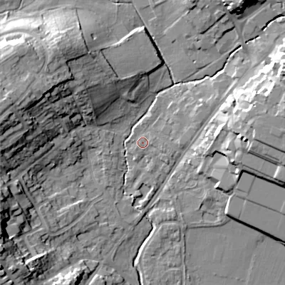 Shaded relief map of the ground around B617DQ, computed from Environment Agency LiDAR. The ground here sits at about 80 m above sea level and falls 24 m across the surrounding 800 m. Surface water reaching this point runs off ground lying to the east-north-east, 3.8 m higher.