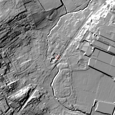 Shaded relief map of the ground around B617DY, computed from Environment Agency LiDAR. The ground here sits at about 80 m above sea level and falls 24 m across the surrounding 800 m. Surface water reaching this point runs off ground lying to the west-south-west, 20.4 m higher.