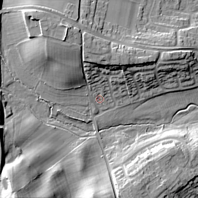 Shaded relief map of the ground around B617ED, computed from Environment Agency LiDAR. The ground here sits at about 88 m above sea level and falls 34 m across the surrounding 800 m. Surface water reaching this point runs off ground lying to the north-north-west, 9.2 m higher.