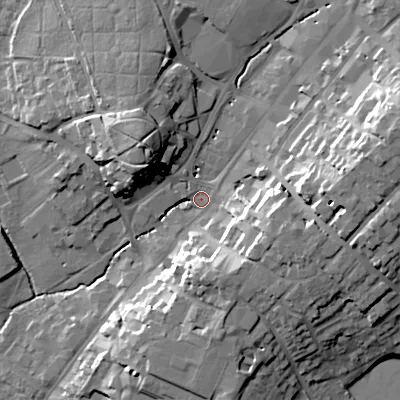 Shaded relief map of the ground around B617EE, computed from Environment Agency LiDAR. The ground here sits at about 85 m above sea level and falls 24 m across the surrounding 800 m. Surface water reaching this point runs off ground lying to the east-north-east, 20.2 m higher.