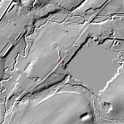 Shaded relief map of the ground around B617ER, computed from Environment Agency LiDAR. The ground here sits at about 53 m above sea level and falls 12 m across the surrounding 800 m. Surface water reaching this point runs off ground lying to the north-north-east, 2.3 m higher.